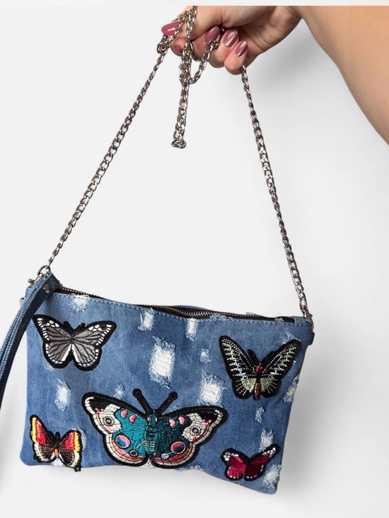 N/A Handbags - Butterfly Embroidered Denim Shoulder Bag - Blue